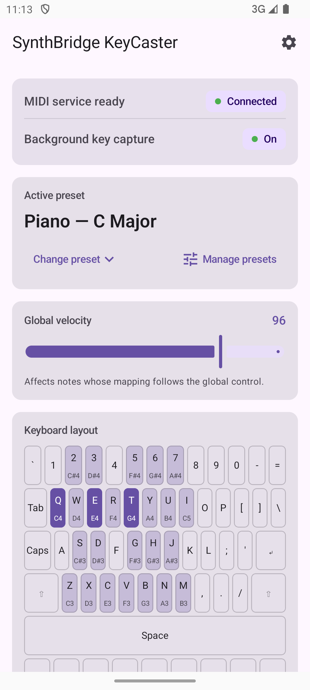 KeyCaster home with Piano preset